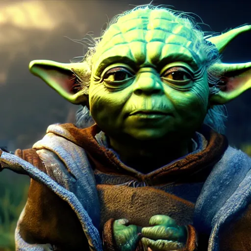 Image similar to Yoda in The Witcher 3 video game, highly detailed, high quality, HD, 4K, trending