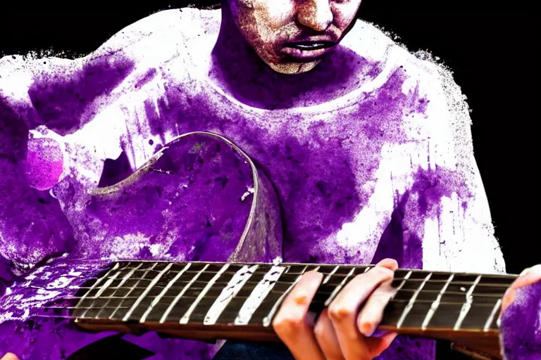 Prompt: dripping purple faded paint across the shape of a male human playing guitar, realistic, high detail, on a white background