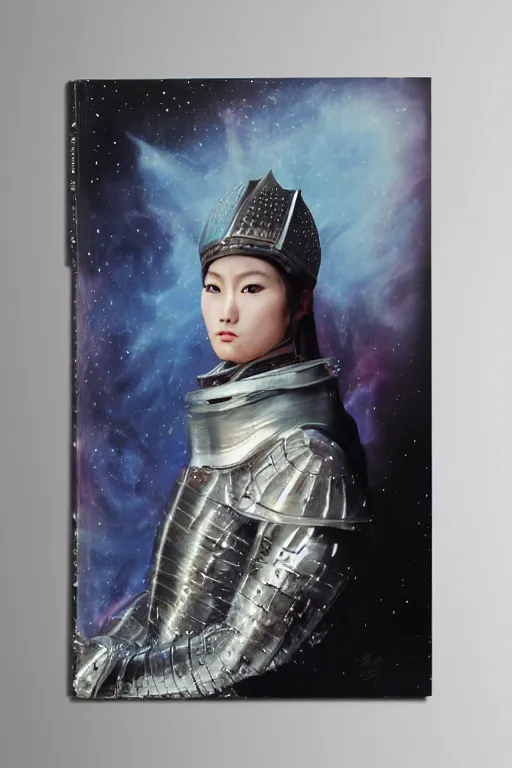 Image similar to hyperrealism oil painting, close - up portrait of medieval fashion model, knight, steel gradient mixed with nebula sky, in style of baroque mixed with 7 0 s japan book art