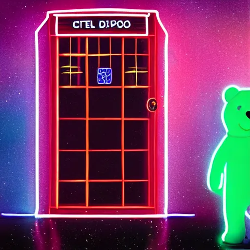 Image similar to neon palette, Pudsey Bear stepping out of the tardis, ridley scott universe, mysterious, ultrarealistic, cinematic lighting, 4k, wide angle, trending on artstation