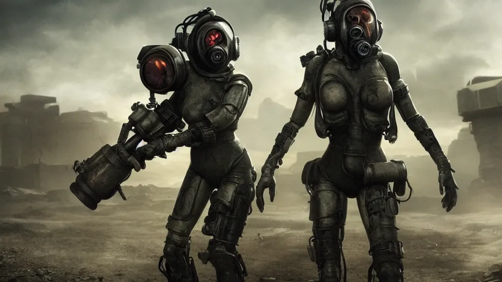 Prompt: big budget scifi movie set in postapocalyptic world with female cyborg in rubber and gas mask shooting aliens brainsuckers