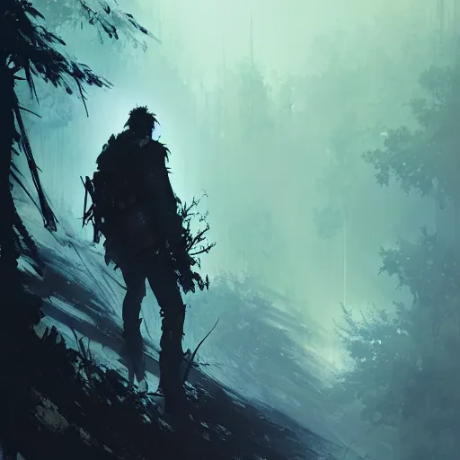 Image similar to man in the desolate forest looking for wifi by Akihito Yoshitomi AND Yoji Shinkawa AND Greg Rutkowski, Mark Arian trending on artstation