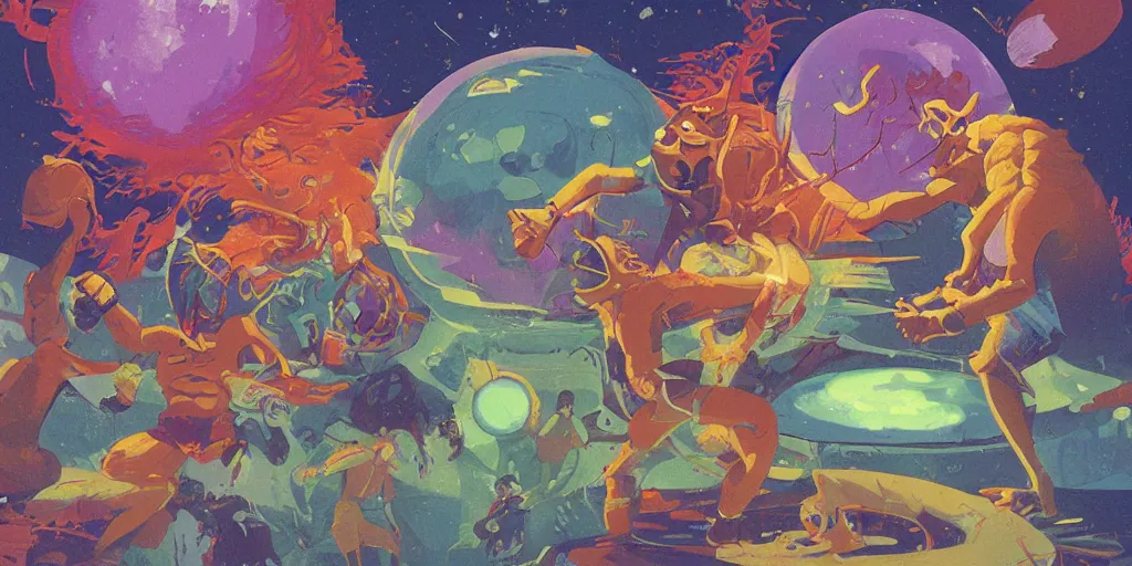 Image similar to digital illustration of an extraterrestrial creature doing mixed martial arts and basketball, by paul lehr and chris moore and michael whelan, highly detailed, intricate, studio ghibli color scheme