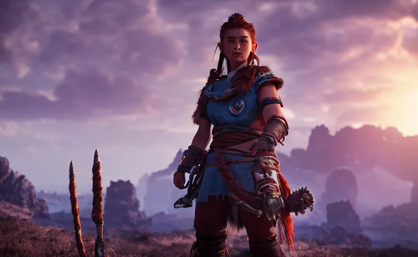 Prompt: unreal engine 5 render of aloy!, beautiful woman, space marine!, standing atop rise, sunset lighting, war silhouette in background hyper realism, realistic shading, cinematic composition, blender render, octane render, hdr, detailed textures, photorealistic, ultrawide shot, 1 6 mm lens