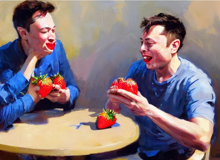 Image similar to a highly detailed beautiful portrait of elon musk eating strawberry by gregory manchess, james gurney, james jean