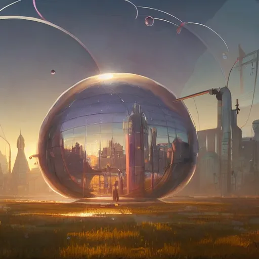 Prompt: A city trapped in a giant transparent dome, bubbles, cinematic lighting, insanely detailed, artstation, cgsociety, painted by Simon Stalenhag, concept art, illustration, sharp focus,