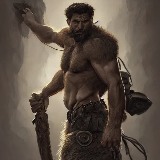 Image similar to portrait of a gruff ranger, Cain, muscular, hairy body, intricate, elegant, highly detailed, digital painting, artstation, concept art, matte, sharp focus, illustration, art by Artgerm and Greg Rutkowski and Alphonse Mucha