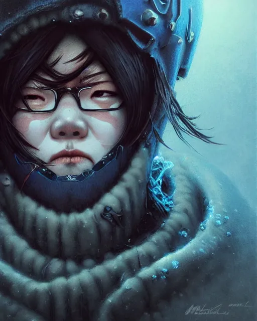 Image similar to mei from overwatch, ice, cold, frostbite, character portrait, portrait, close up, concept art, intricate details, highly detailed, horror poster, horror, vintage horror art, realistic, terrifying, in the style of michael whelan, beksinski, and gustave dore