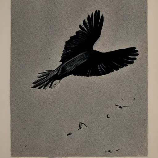 Prompt: A crow hovers over sandman's head, lithography