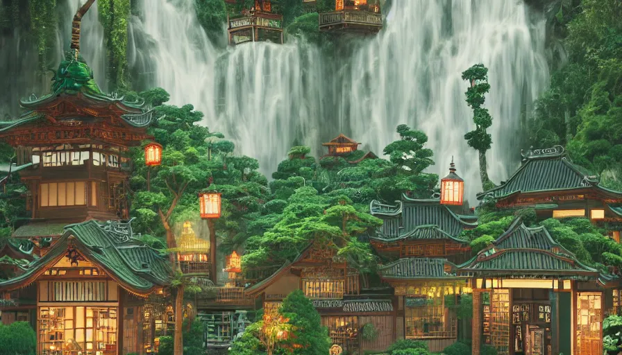Prompt: A secret dreamy Japanese Victorian style cozy cabin cafe neighborhood city behind a waterfall with many glowing lanterns and ornate creative decorations by Gucci, lush plants and bonsai trees, fashionable people walking around, mossy rocks, bookshelves, floating koi fish, magical feeling vibes, hidden tiny houses, style by Wes Anderson and James Jean, trending on artstation