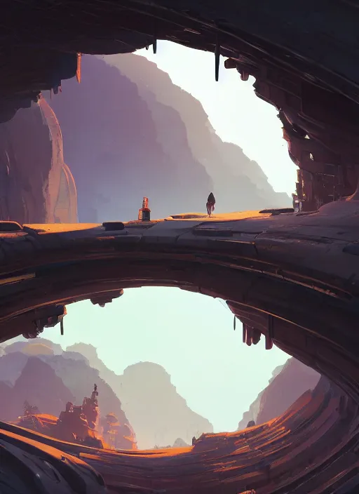 Image similar to canyon with giant gate entrance, nuclear powered, detailed, futuristic, cory loftis, james gilleard, atey ghailan, makoto shinkai, goro fujita, studio ghibli, rim light, exquisite lighting, clear focus, very coherent, plain background