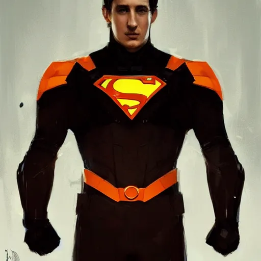 Image similar to portrait of a superhero by greg rutkowski, he looks like miles teller, he is wearing a black, orange and yellow kevlar gear, highly detailed portrait, digital painting, artstation, concept art, smooth, sharp foccus ilustration, artstation hq