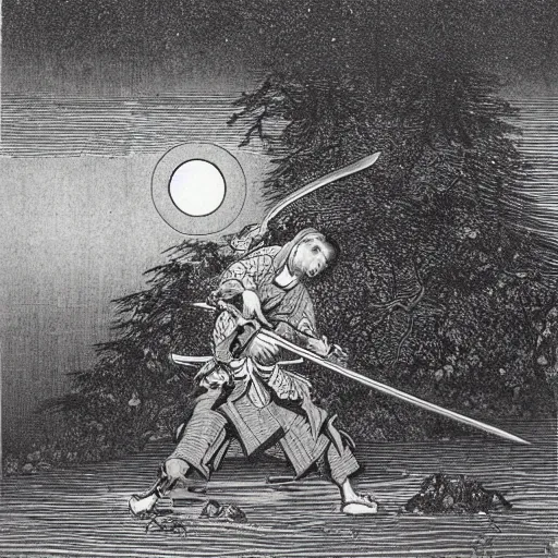 Image similar to samurai wielding a sword, moon, forest, night, illustration by Gustave Doré