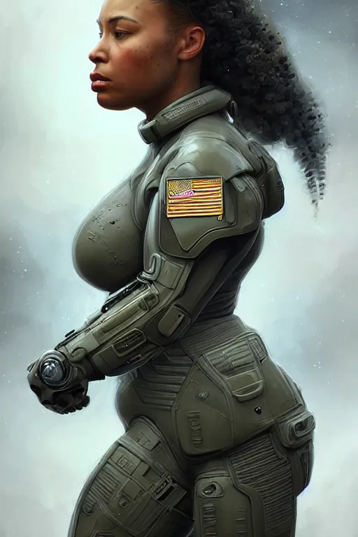 Prompt: epic professional digital art of stunningly gorgeous thicker biracial female starship battle marine in military gear, by leesha hannigan, iris van herpen, artstation, cgsociety, wlop, epic, much wow, much detail, gorgeous, detailed, masterpiece