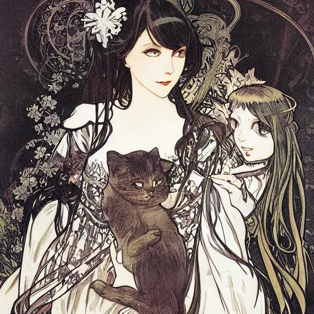 Prompt: gothic lolita and her cat companion. chiaroscuro manga artbook illustration by clamp and alphonse mucha.