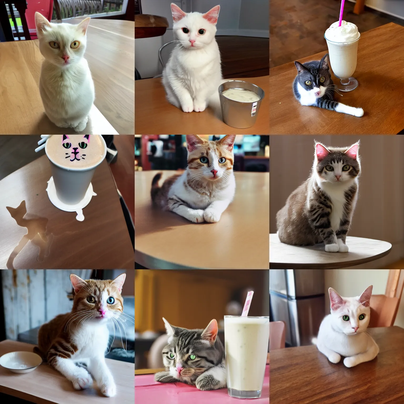 Prompt: milkshake cat on a table