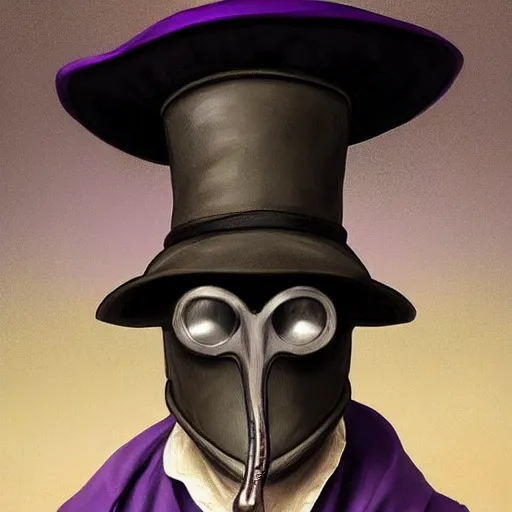 Prompt: mediaeval plague doctor wearing a top hat with a purple ribbon, intricate, epic, highly detailed, digital painting, artstation, concept art, smooth, sharp focus, illustration, unreal engine 5, 8 k, art by artgerm and greg rutkowski and alphonse mucha