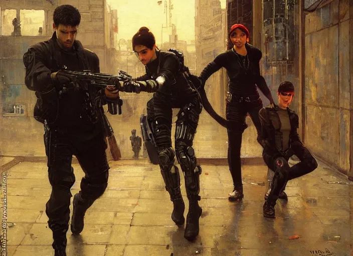 Image similar to Maria evades pvt griggs and tavish. Cyberpunk hacker escaping Menacing Cyberpunk corporate security officers. (dystopian, police state, Cyberpunk 2077, bladerunner 2049). Iranian orientalist portrait by john william waterhouse, Edwin Longsden Long, Theodore Ralli and Nasreddine Dinet, oil on canvas. Cinematic, vivid colors, hyper realism, realistic proportions, dramatic lighting, high detail 4k