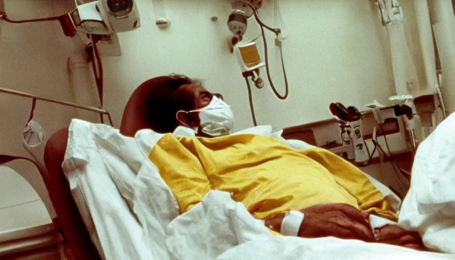 Image similar to 70s movie still of a man wearing gold mask in hospital, eastmancolor, heavy grain, high quality, higly detailed, liminal space