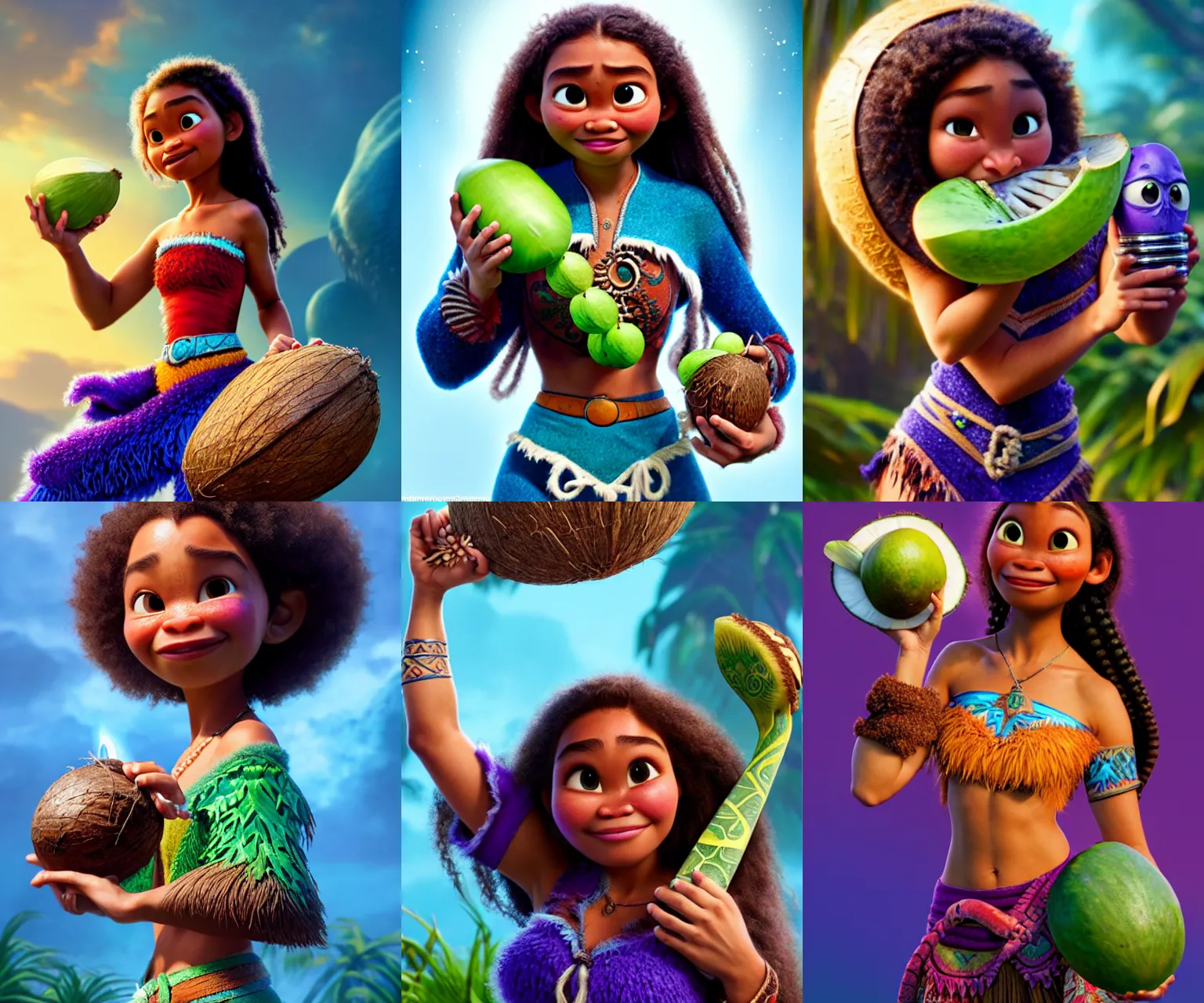Prompt: ultrarealistic fantasy portrait mage pixar moana eating a coconut, wearing the infinity gauntlet with intricate details, bone plants, fantasy character octane render, substance painter, cinematic lighting, volumetric lighting, artstation, dnd art, cgsociety, sharp focus, digital painting by artgerm, gerald brom, wlop