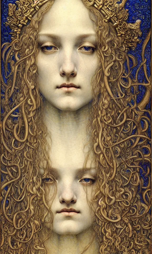 Image similar to detailed realistic beautiful young medieval queen face portrait by jean delville, gustave dore and marco mazzoni, art nouveau, symbolist, visionary, gothic, pre - raphaelite. horizontal symmetry