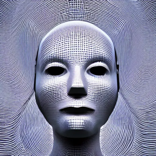 Image similar to three dimensional face of a robot inspired by data - driven art, generative, particle waves, spirals