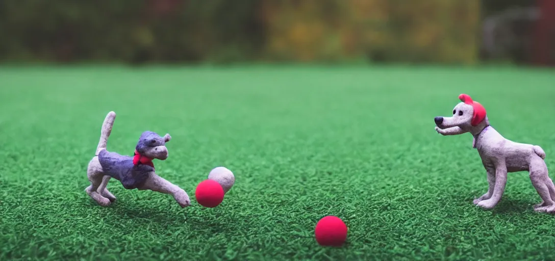 Image similar to dog playing fetch, claymation, stop motion, shallow depth of field