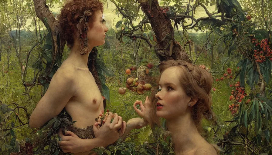 Image similar to original sin, Garden of Eden, Terrestrial Paradise, the Fall of Man, apple, the serpent, Adam, Eve, serov, surikov, vasnetsov, repin, kramskoi, paint texture, uplight, insanely detailed and intricate, Charlie Bowater, Tom Bagshaw, Norman Rockwell, high resolution, octane rendered, unreal engine, illustration, trending on artstation, masterpiece, 8k