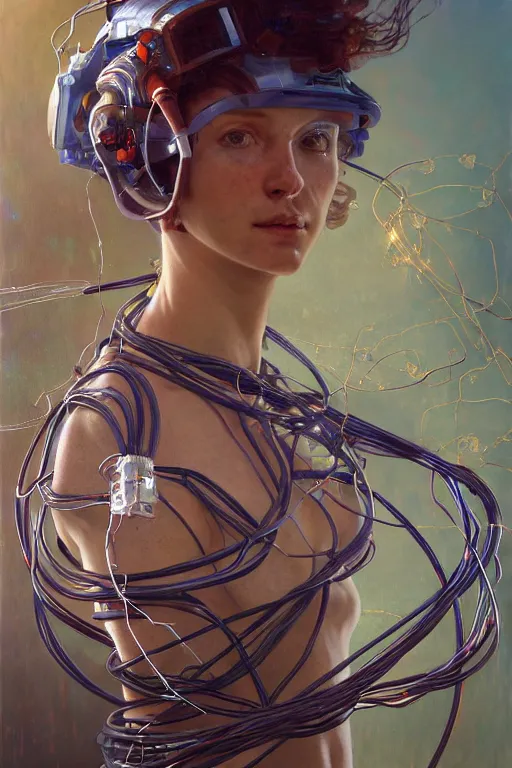 Image similar to hyperrealist portrait of a year 2 0 4 4 space sport engineer, it is decorated with long wires that fall like vines and wears small computers over their body. by jeremy mann and alphonse mucha, fantasy art, photo realistic, dynamic lighting, artstation, poster, volumetric lighting, very detailed faces, 4 k, award winning