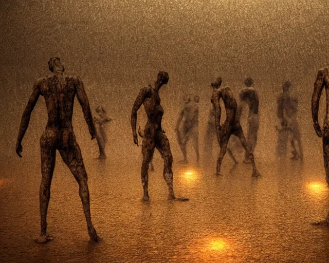 Image similar to gods of mud and clay emerge during a midnight rainstorm. realistic style, motion blur, ominous, disturbing.