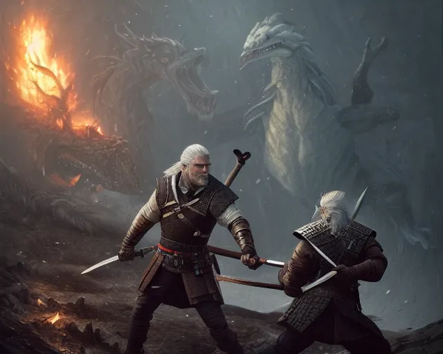 Image similar to 5 5 mm portrait photo of geralt fighting a 5 headed hydra with aard. magical atmosphere. art by greg rutkowski. highly detailed 8 k. intricate. lifelike. soft light. nikon d 8 5 0.