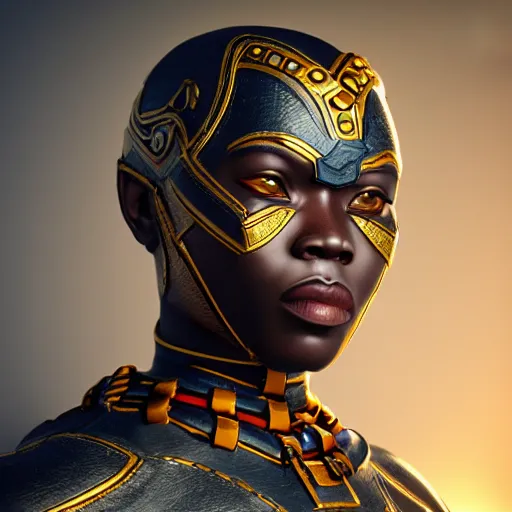 Prompt: wakandan warrior in steampunk armor, closeup portrait shot, highly detailed, photorealistic portrait, bright studio setting, studio lighting, crisp quality and light reflections, unreal engine 5 quality render