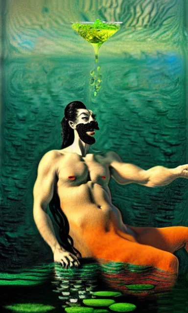 Prompt: Distinguished Merman Salvadore Dali drinking the finest whiskey in a glass, Algae. Trending on ArtStation and Pixiv. A vibrant digital oil painting. A highly detailed fantasy character illustration by Wayne Reynolds and Charles Monet and Gustave Dore and Carl Critchlow and Bram Sels