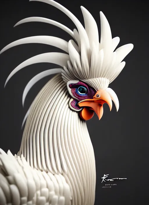 Image similar to hyper detailed ultra sharp portrait of a beautiful fashionable porcelain ivory cyberpunk scifi rooster, well contoured smooth colorful feathers, up close shot, sharp focus, global illumination, radiant light, black haute couture, alexandre ferra, irakli nadar, octane render, 4 k, ultra hd,