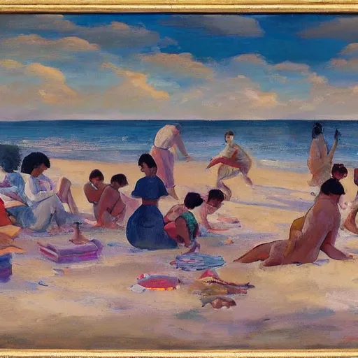 Image similar to A beautiful computer art of a group of people on a beach. The colors are muted and the overall tone is serene. The people are all engaged in different activities, from reading to playing games, and the artwork seems to be capturing a moment of peace and relaxation. by Max Pechstein beautiful