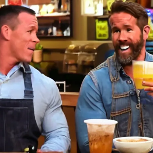 Prompt: john cena and ryan reynolds having a drink in a local coffee shop in the style of a sitcom