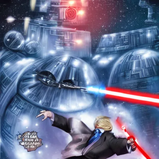 Prompt: donald trump wielding a lightsaber having a lightsaber battle with joe biden in the death star, dynamic lighting, highly detailed