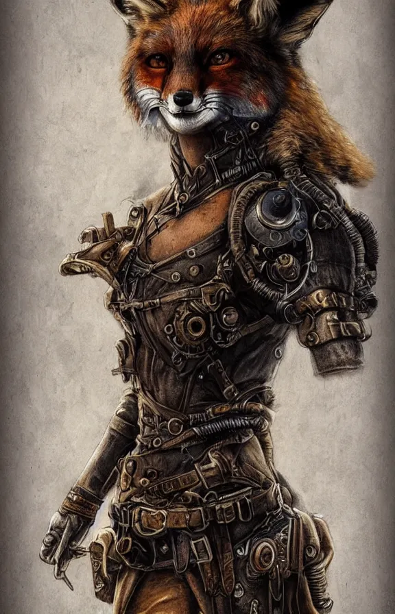 Prompt: realistic detailed portrait of fox warrior, tech warrior, steampunk, post apocalyptic, fantasy art, art nouveau, victorian, neo - gothic, gothic, character concept design