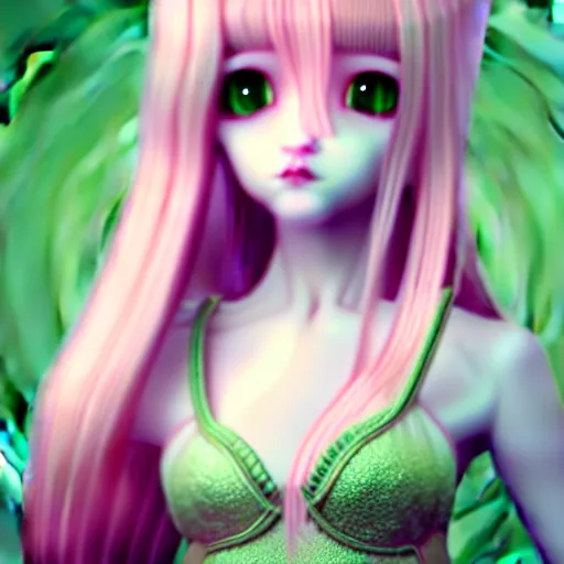 Image similar to ultrarealistic sweet bunny girl, intricate details, green eyes, 8K, long hair, fluffy, pink