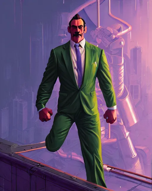 Image similar to luigi bodybuilder in a expensive suit, ernest khalimov body by krista sudmalis, fantasy character portrait, ultra realistic, futuristic background by laurie greasley, concept art, intricate details, highly detailed by greg rutkowski, ilya kuvshinov, gaston bussiere, craig mullins, simon bisley