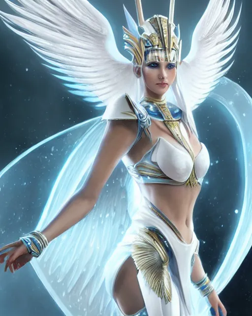 Prompt: perfect white haired egyptian goddess wearing white dove wings, warframe armor, regal, attractive, ornate, sultry, beautiful, charlize theron, pretty face, blue eyes, detailed, scifi platform, 4 k, ultra realistic, epic lighting, android body, illuminated, cinematic, masterpiece, art by akihito tsukushi, voidstar, artgerm