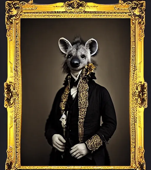 Image similar to professional studio photo portrait of anthro anthropomorphic spotted hyena head animal person fursona smug smiling wearing elaborate pompous royal king robes clothes gold frame by Louis Daguerre daguerreotype tintype