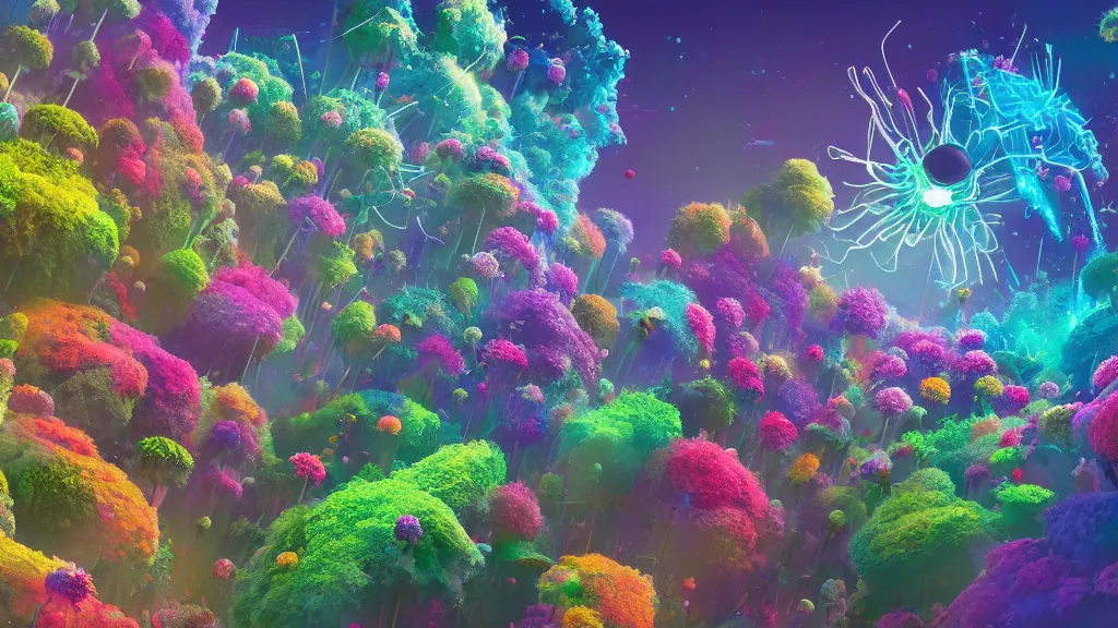 Image similar to highly detailed illustration of an explosion of all known species of flowers by beeple, 4 k resolution, realistic colors