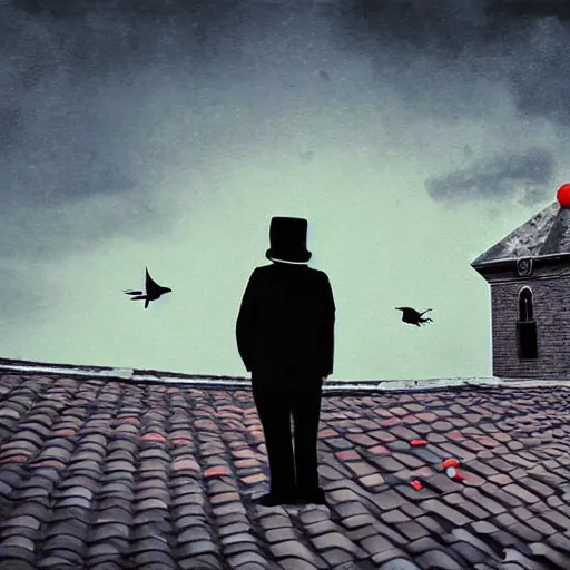 Image similar to A clown on the roof of the church playing with crows, futurist, digital art, dramatic lighting, symbolic