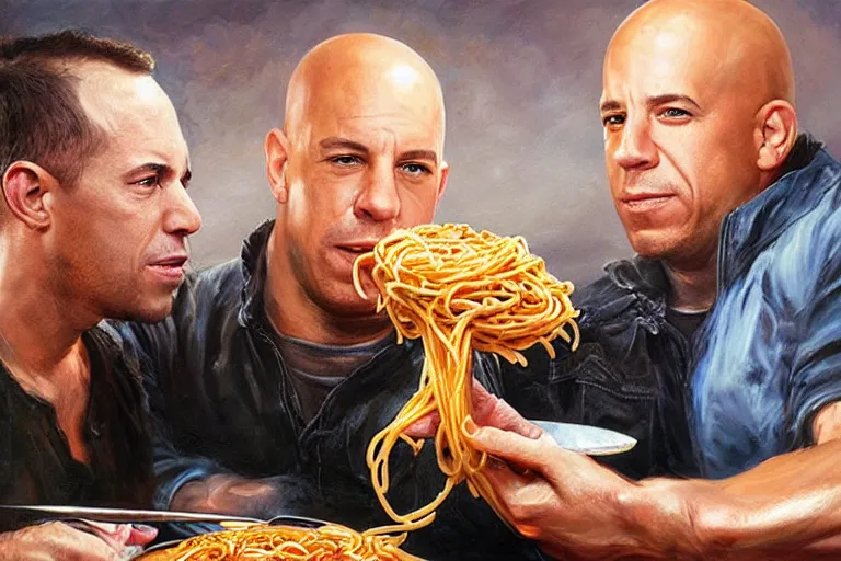 Prompt: portrait of vin diesel and willem dafoe sharing spaghetti, an oil painting by ross tran and thomas kincade