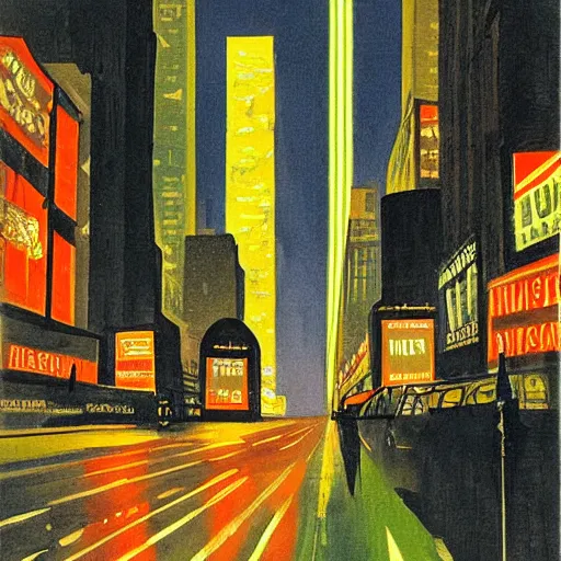 Prompt: painting of new york city, street view, night, glow of neon lights, by a. m. cassandre.