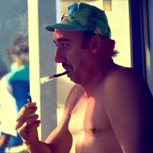 Prompt: Mario smoking a cigarette in a Harmony Korine Spring Breakers film aesthetic!!!