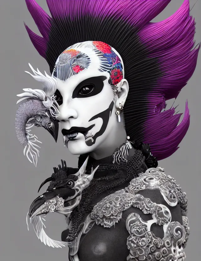 Image similar to 3 d goddess close - up profile portrait punk with mohawk with ram skull. beautiful intricately detailed japanese crow kitsune mask and clasical japanese kimono. betta fish, jellyfish phoenix, bio luminescent, plasma, ice, water, wind, creature, artwork by tooth wu and wlop and beeple and greg rutkowski