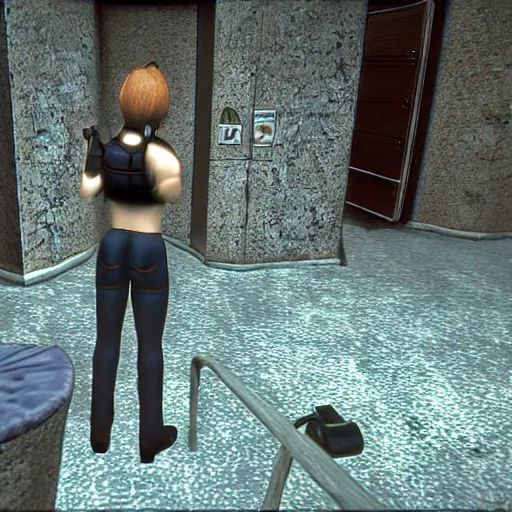 Prompt: Jill Valentine from the video game Resident Evil. She is wearing an uniform and a Béret. She is walking in a water park. evil, dark and scary atmosphere. Dreamcast survival horror game screenshot.