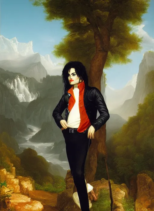 Image similar to individual portrait of michael jackson standing against a thomas cole naturalist style backdrop of mount olympus, michael jackson